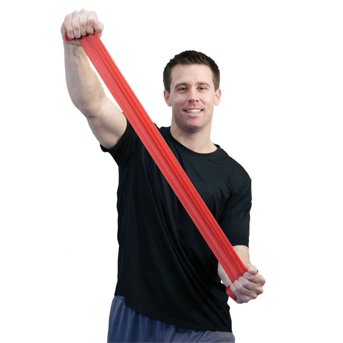 Person stretching a red CanDo Sup-R Band Non-Latex Exercise Band Set while wearing a black shirt and gray shorts.