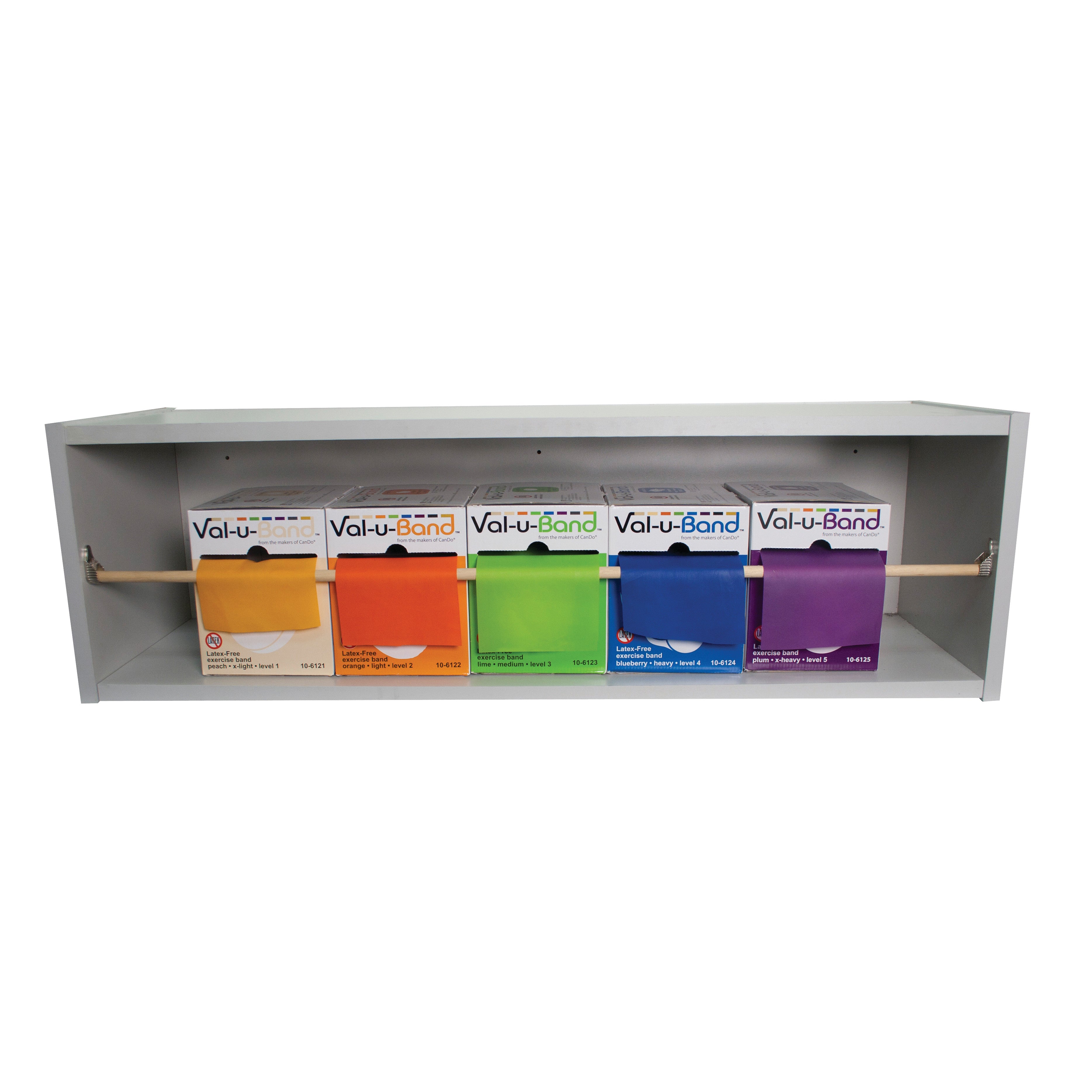 CanDo Val-U-Band Non-Latex Exercise Band Set with Rack including yellow, orange, green, blue, and purple exercise bands.