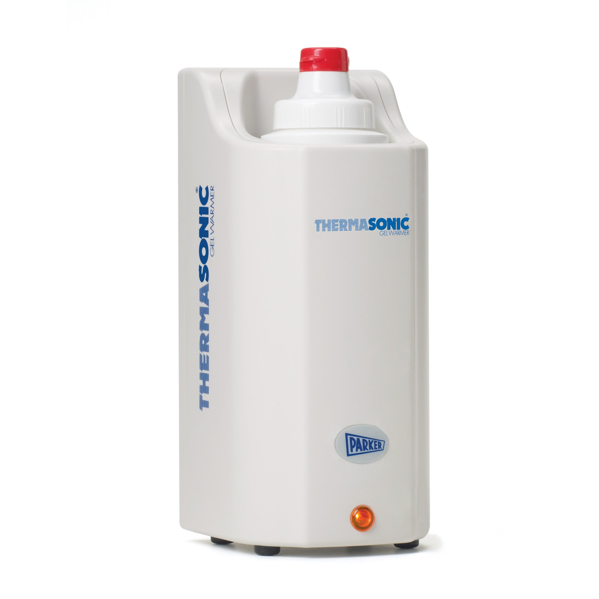 Parker Labs THERMASONIC Gel Warmer with a white, rectangular design, featuring a red-capped bottle and an orange indicator light.