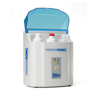 Parker Labs THERMASONIC Gel Warmer with a blue lid open, featuring three gel bottles and temperature indicator lights.
