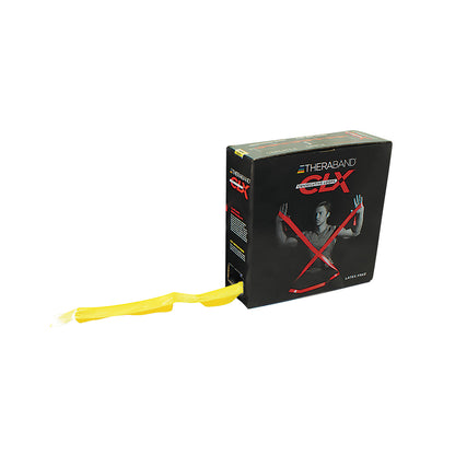A box of THERABAND CLX Resistance Band with a yellow band partially extended from the packaging, featuring exercise imagery.