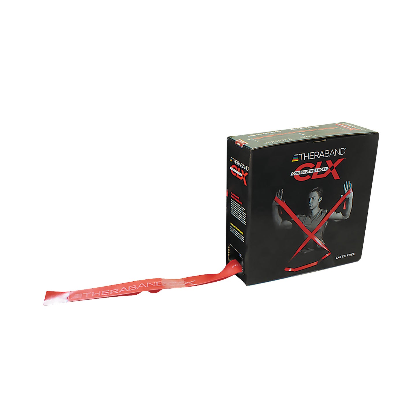 THERABAND CLX Resistance Band box with a red band partially pulled out, featuring an image of a person exercising on the packaging.