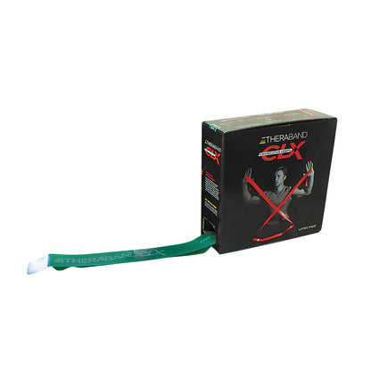 THERABAND CLX Resistance Band in green is partially pulled out from a black box featuring an illustration of a person using the band.