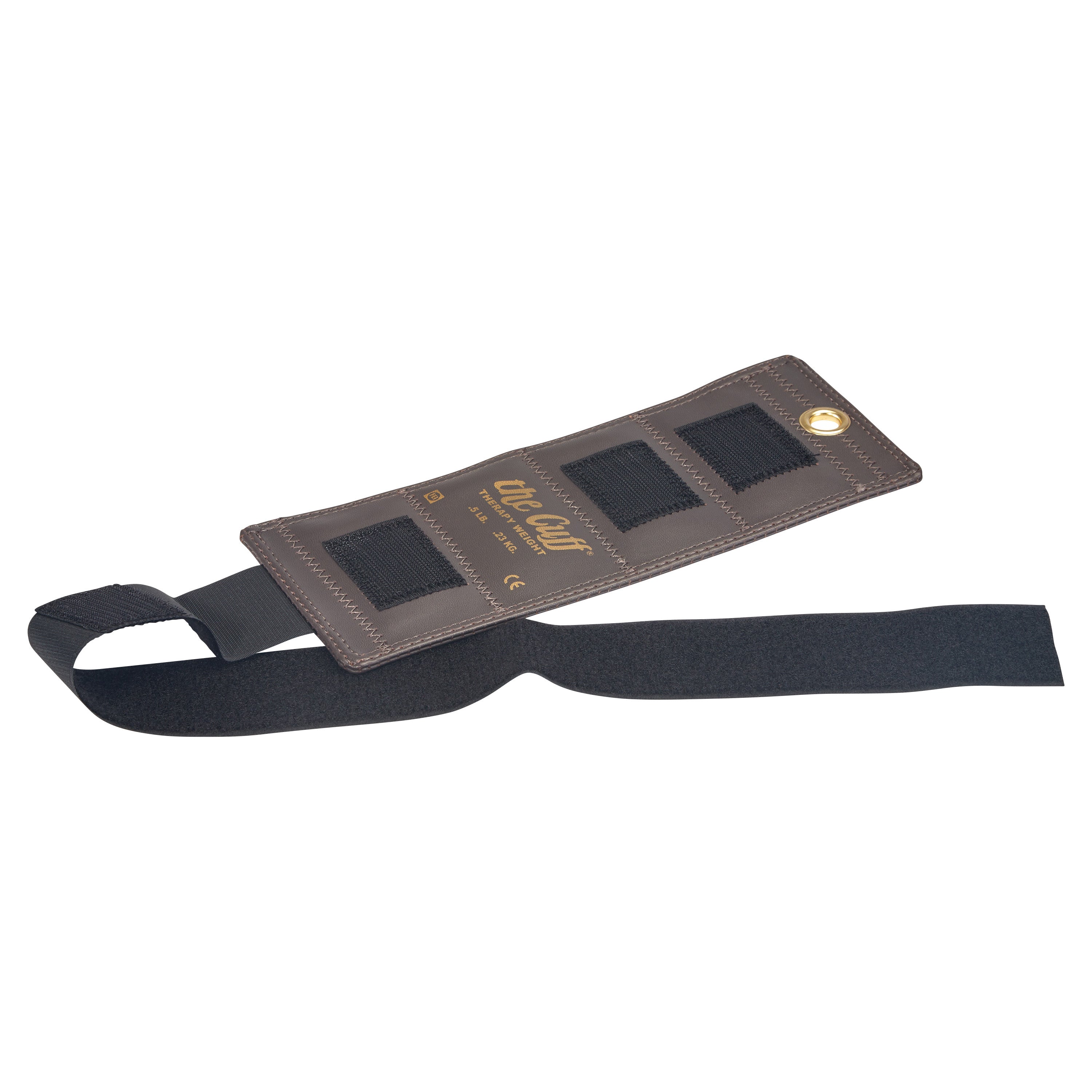 The image shows a brown AliMed Color-Coded Cuff Weight with black adjustable straps and three rectangular weight pockets.