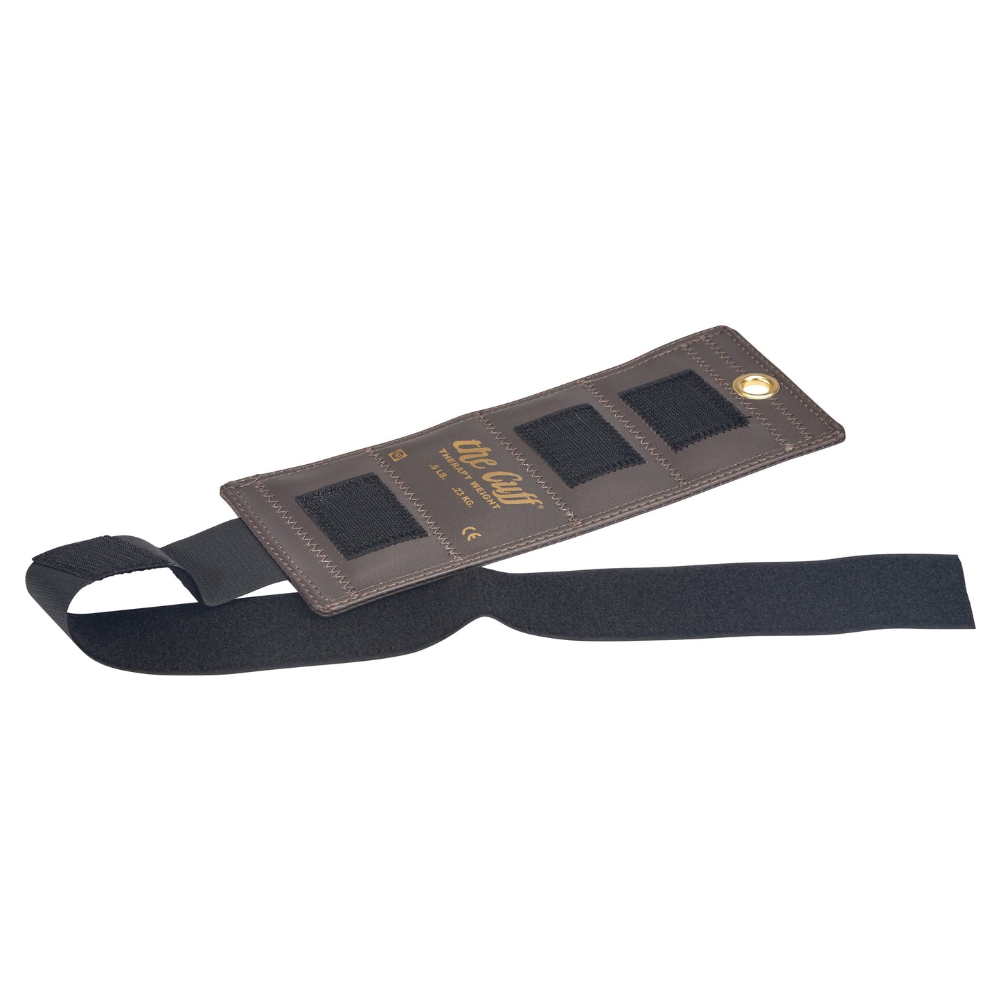 The image shows a brown AliMed Color-Coded Cuff Weight with black adjustable straps and three rectangular weight pockets.