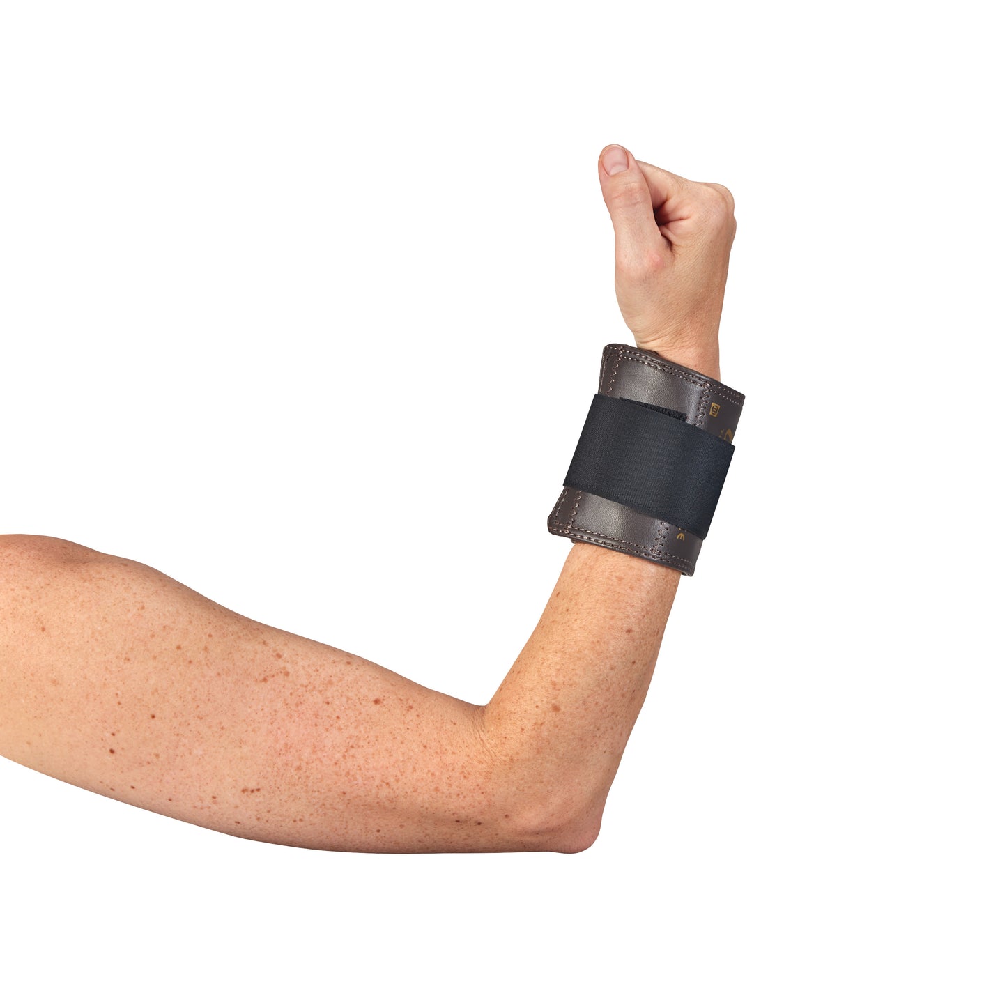 An arm wearing an AliMed Color-Coded Cuff Weight, shown in a flexed position against a white background.