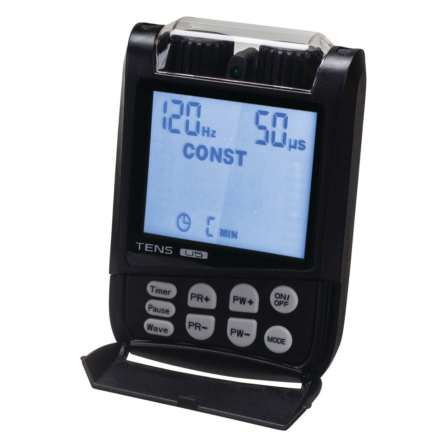 The  Ultima 5 Digital TENS Unit displays 120 Hz and 50 µs, with buttons for timer, mode, and intensity control.