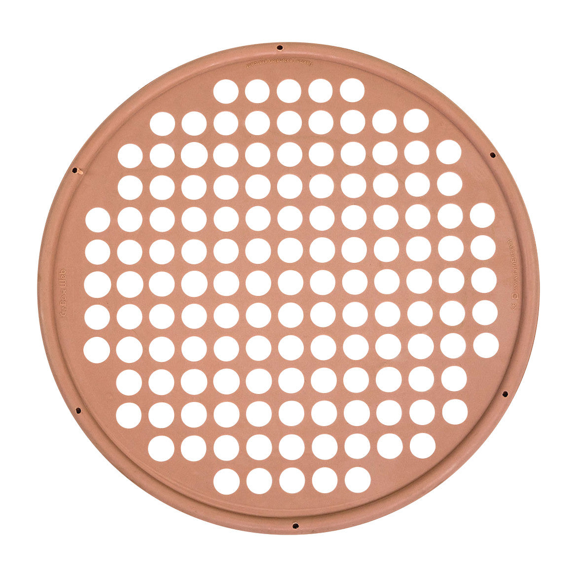 A circular CanDo Hand Exercise Web with evenly spaced holes for various hand and finger exercises, made of light brown material.