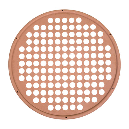 A circular CanDo Hand Exercise Web with evenly spaced holes for various hand and finger exercises, made of light brown material.