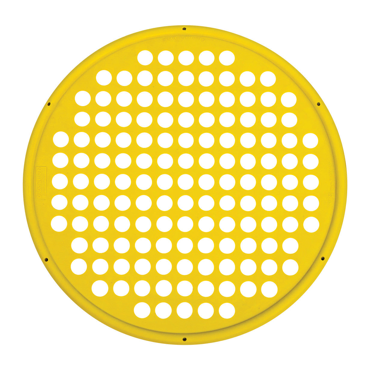 A round, yellow CanDo Hand Exercise Web with multiple evenly spaced holes designed for finger and grip strengthening exercises.