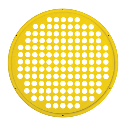 A round, yellow CanDo Hand Exercise Web with multiple evenly spaced holes designed for finger and grip strengthening exercises.
