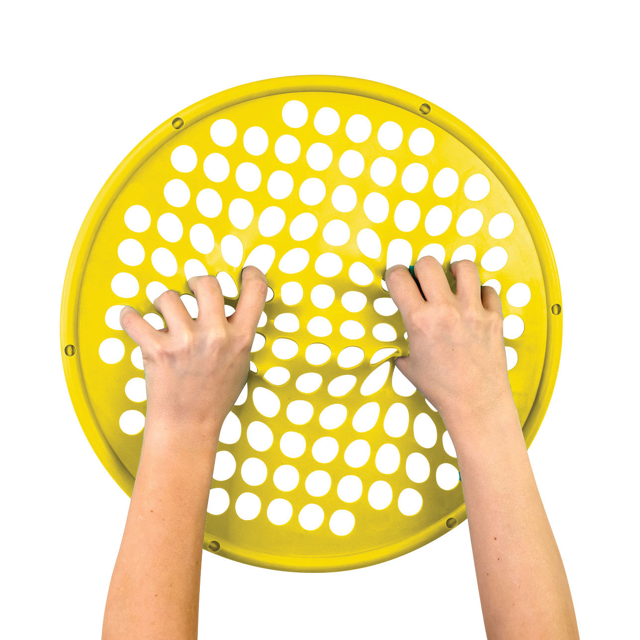 Two hands grip the yellow CanDo Hand Exercise Web, which has circular holes, set against a white background.
