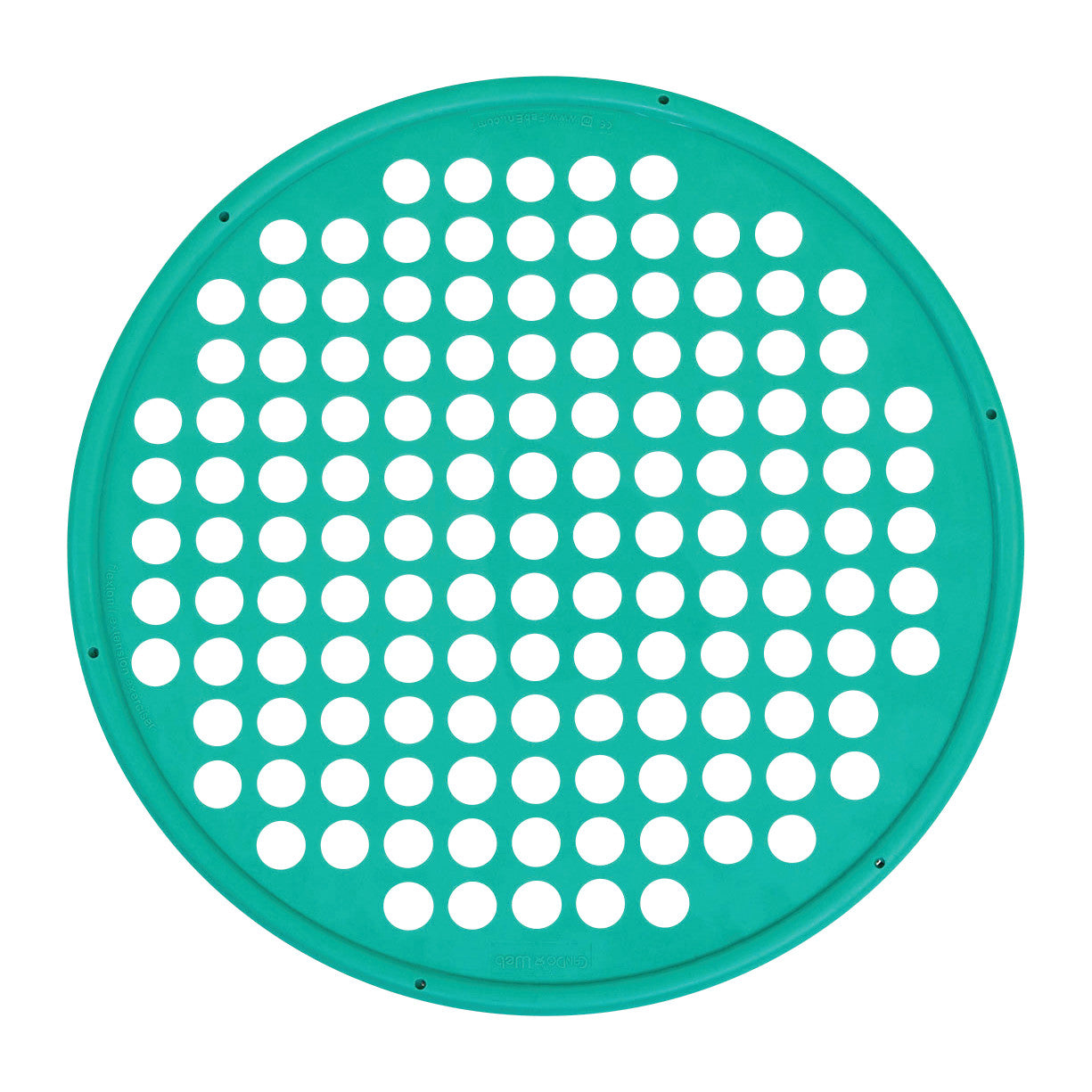 A green CanDo Hand Exercise Web with multiple holes arranged in rows, designed for strengthening hand and finger muscles.