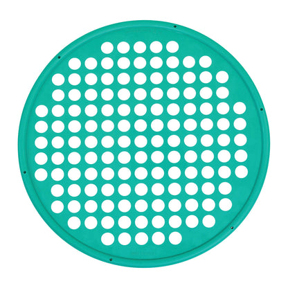 A green CanDo Hand Exercise Web with multiple holes arranged in rows, designed for strengthening hand and finger muscles.
