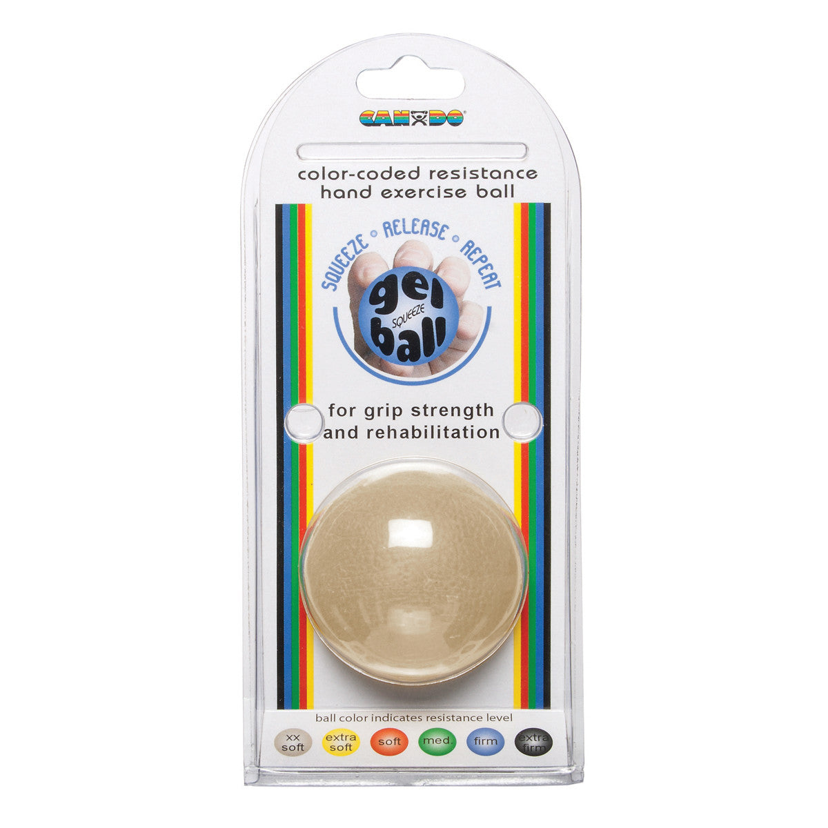 Packaging of CanDo Gel Squeeze Ball, a hand exercise ball for grip strength and rehabilitation. It shows resistance levels.