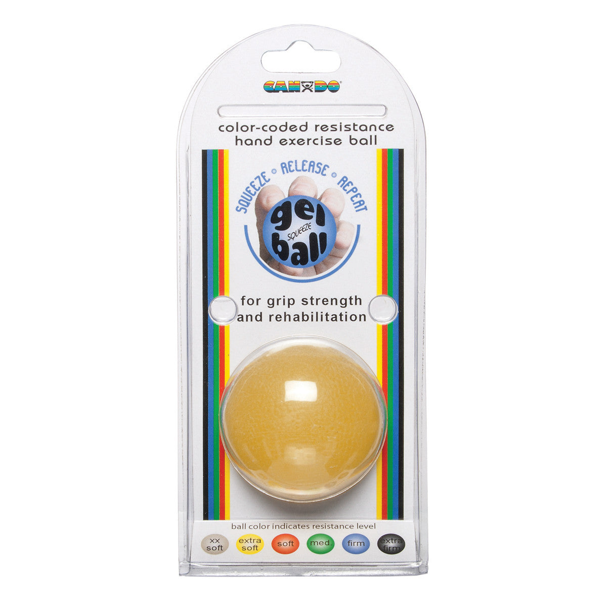 Packaging of CanDo Gel Squeeze Ball for grip strength and rehabilitation, with a yellow ball indicating a "soft" resistance level.