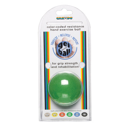 CanDo Gel Squeeze Ball in packaging, green color indicating medium resistance, for grip strength and rehabilitation exercises.