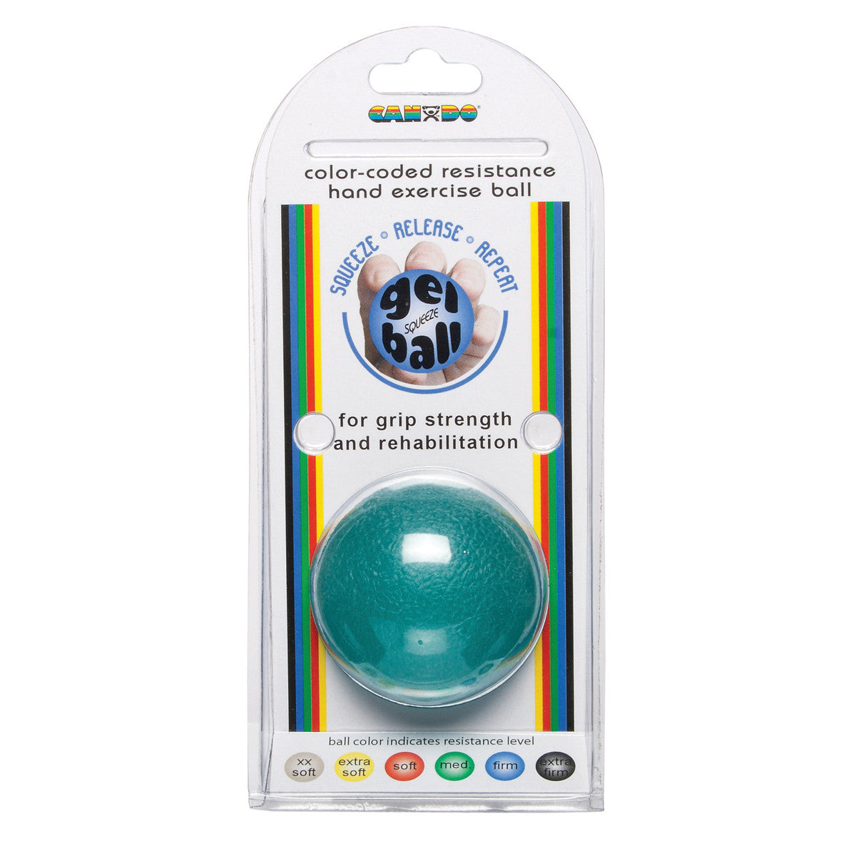 CanDo Gel Squeeze Ball packaging with a green hand exercise ball for grip strength and rehabilitation, labeled with resistance levels.