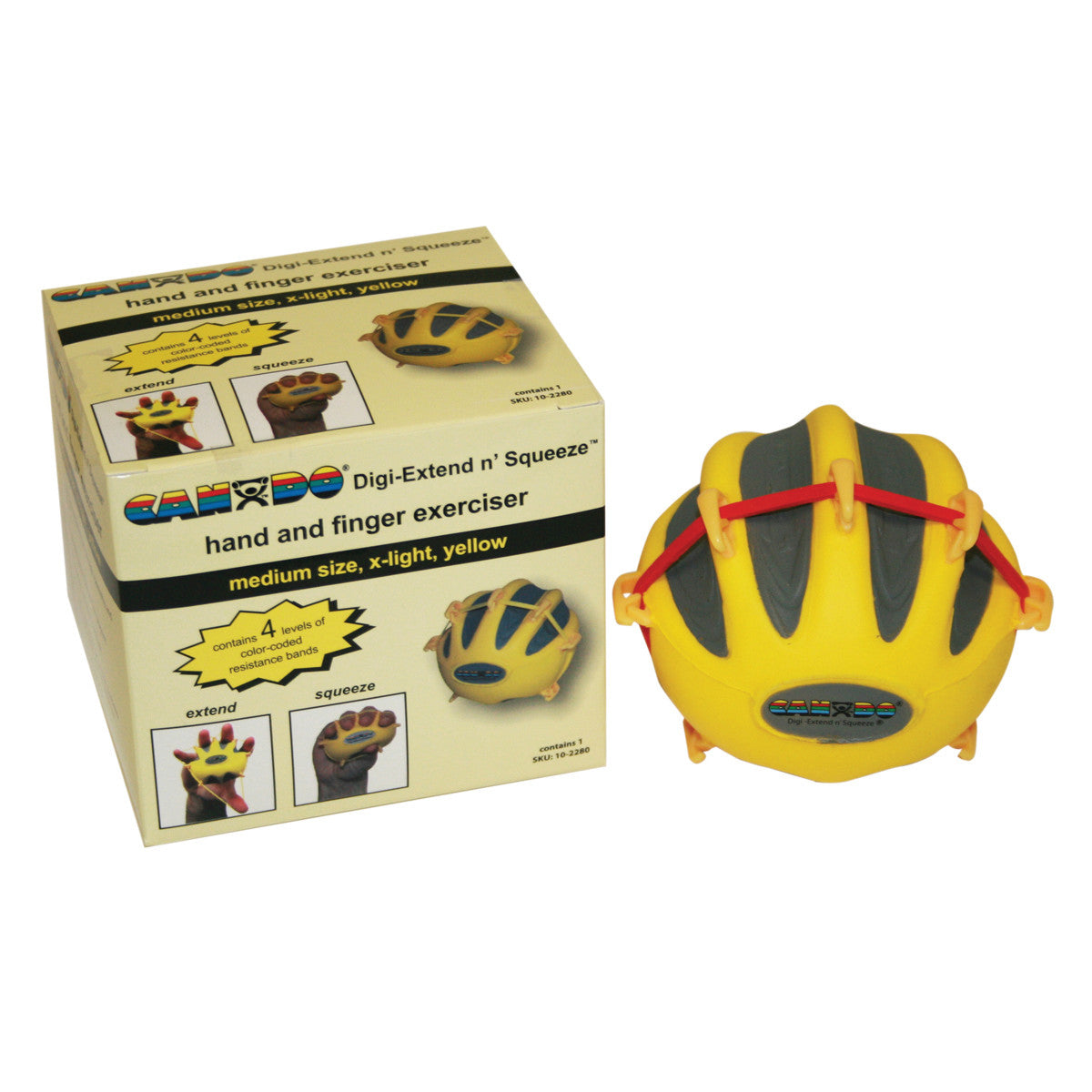 A CanDo Digi-Extend n' Squeeze Hand Exerciser in yellow with its packaging, designed for hand and finger exercises.