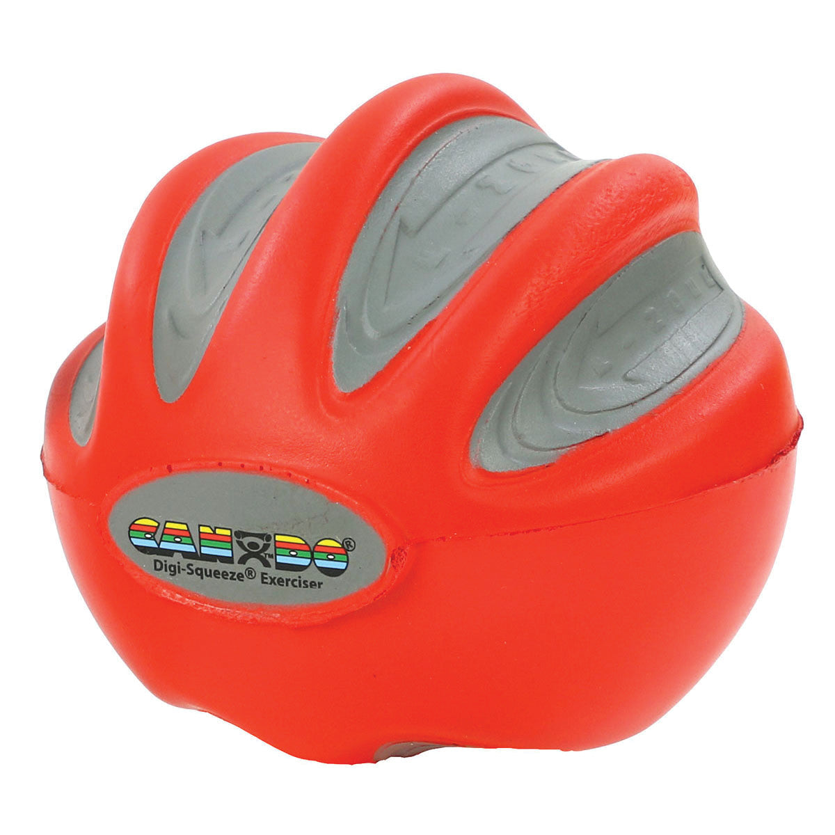 The CanDo Digi-Squeeze Hand Exerciser is red and gray with grooves, designed for strengthening and rehabilitation exercises.