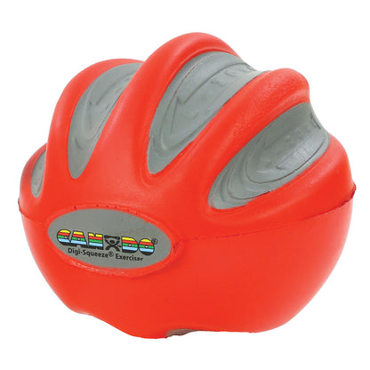 The CanDo Digi-Squeeze Hand Exerciser is red and gray with grooves, designed for strengthening and rehabilitation exercises.