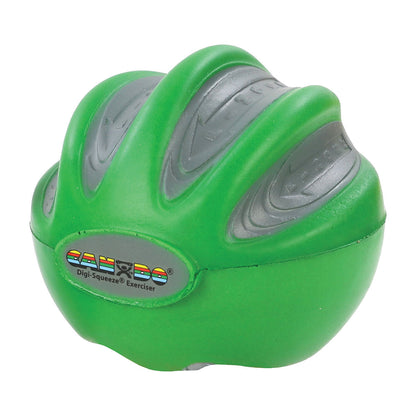 A green and gray CanDo Digi-Squeeze Hand Exerciser designed for grip strengthening, with a textured surface for easy handling.