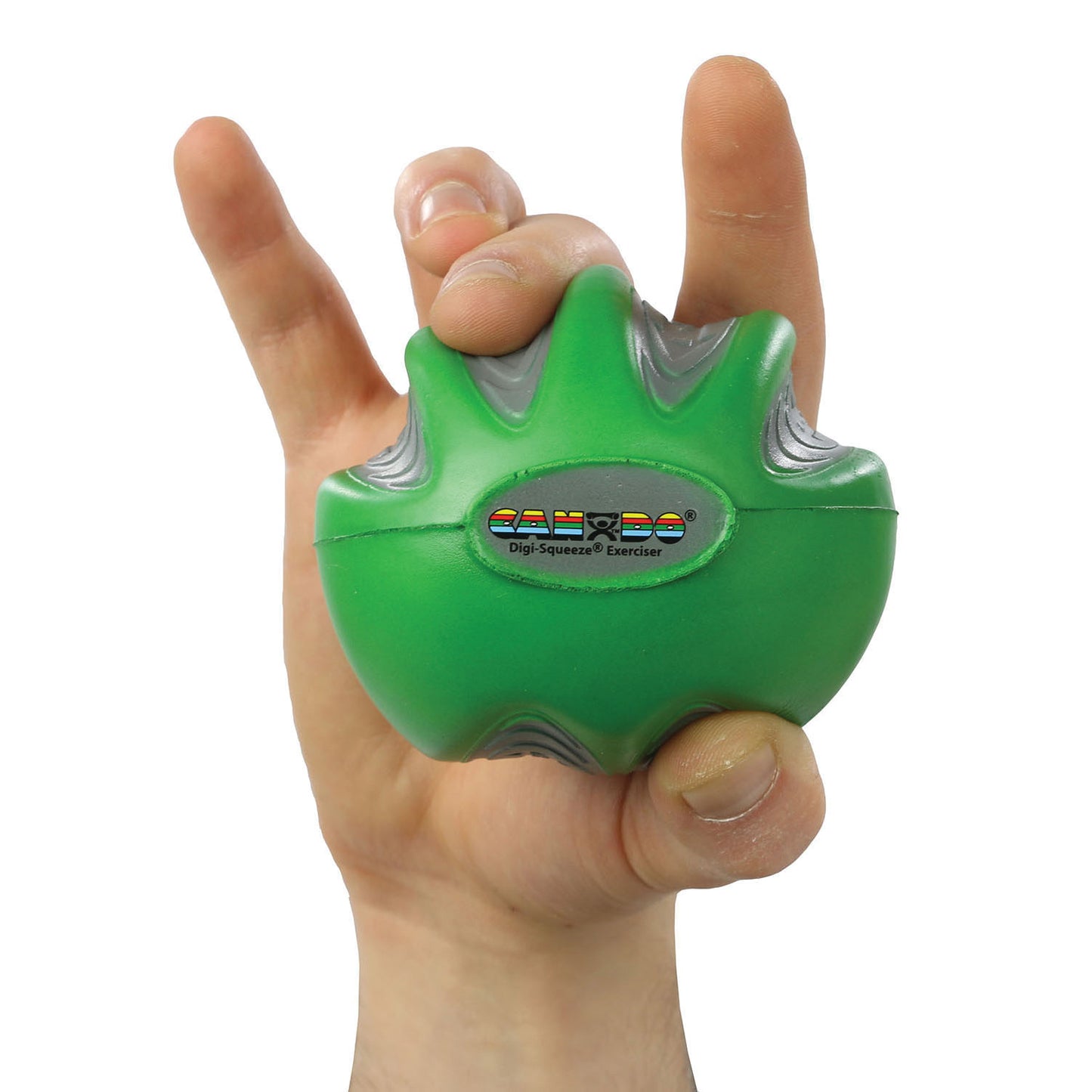 A hand grips a green CanDo Digi-Squeeze Hand Exerciser, featuring gray accents and a logo, used for hand strength exercises.