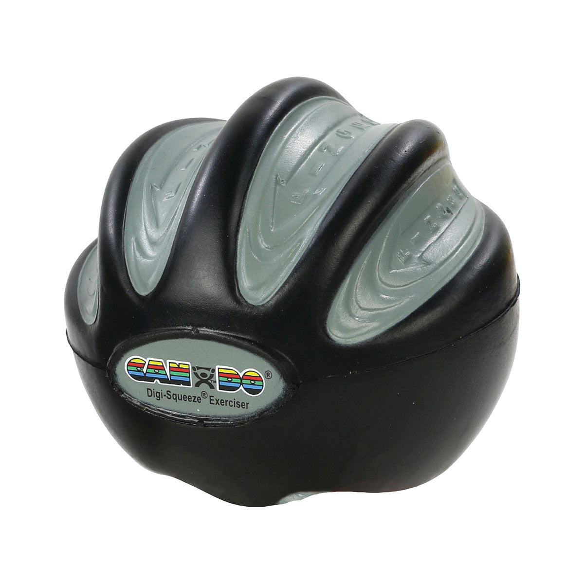 The CanDo Digi-Squeeze Hand Exerciser is a black and gray ball with textured grooves, used for hand and finger exercises.