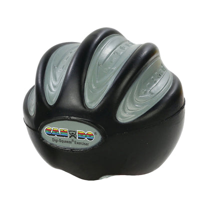 The CanDo Digi-Squeeze Hand Exerciser is a black and gray ball with textured grooves, used for hand and finger exercises.