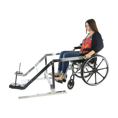 A woman in a wheelchair uses the CanDo Rickshaw Rehab Exerciser, a metal resistance exercise device designed for rehabilitation.