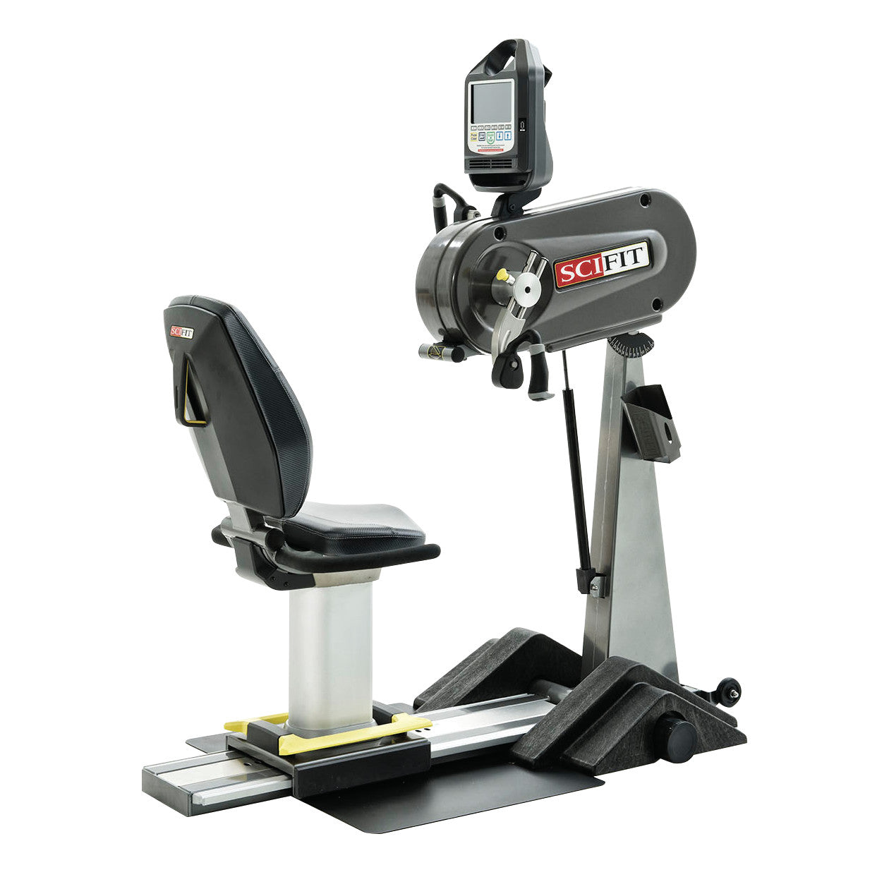 The SciFit PRO1 Upper Body Exerciser features an adjustable chair, a digital display, and hand pedals for arm workouts.
