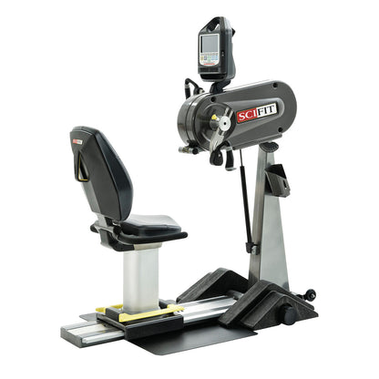 The SciFit PRO1 Upper Body Exerciser features an adjustable chair, a digital display, and hand pedals for arm workouts.