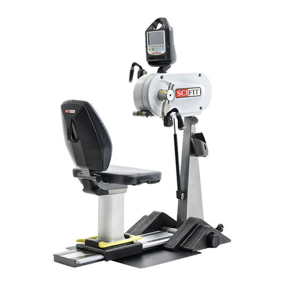 The SciFit PRO1 Upper Body Exerciser features a seat, adjustable handles, and a digital display for upper body workouts.