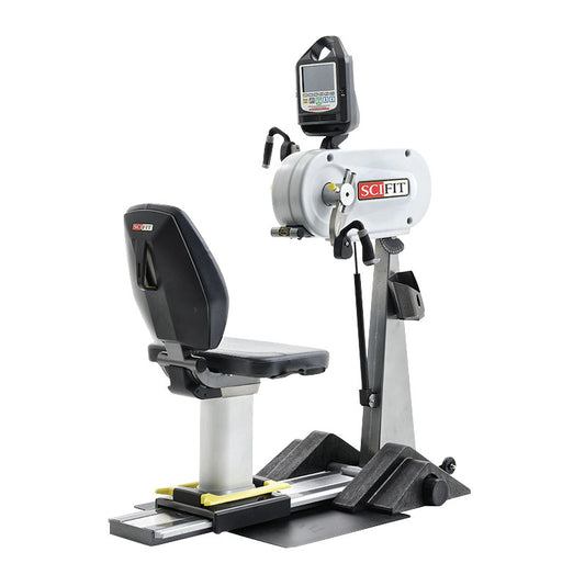 The SciFit PRO1 Upper Body Exerciser features a seat, adjustable handles, and a digital display for upper body workouts.