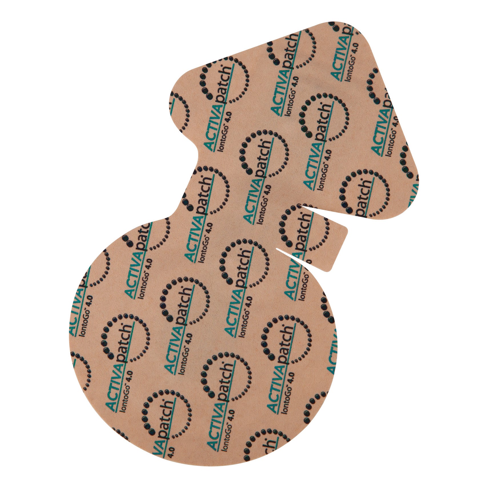 The image shows the ActivaPatch IontoGo Iontophoresis Patch with a tan adhesive surface featuring the product logo and design.