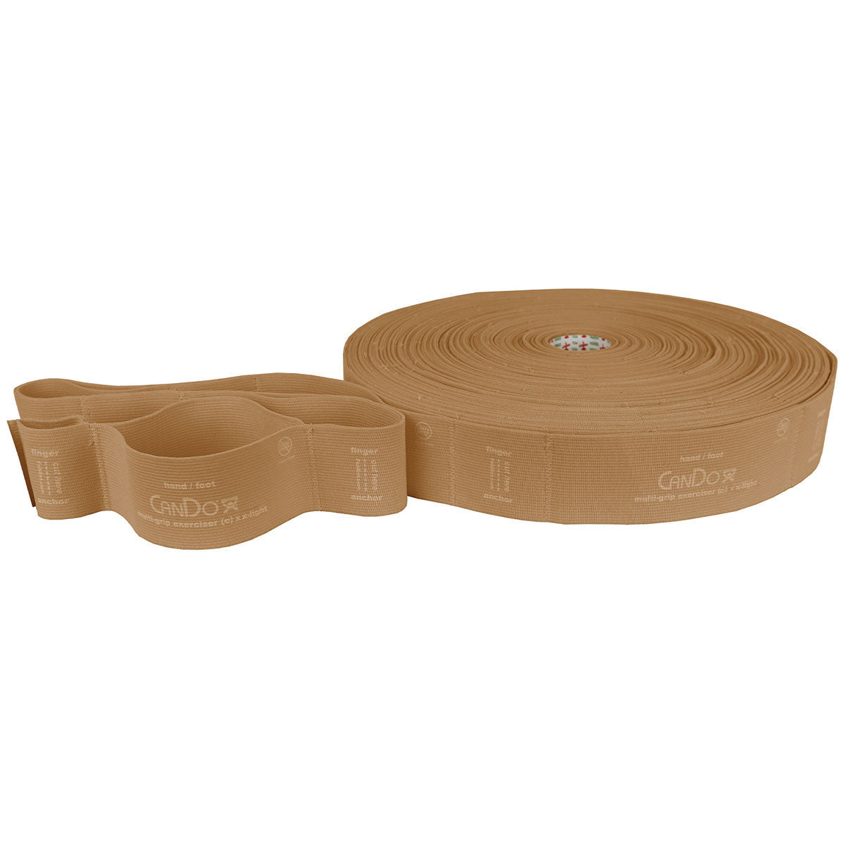 A large roll and section of beige CanDo Multi-Grip Exerciser resistive band with multiple loops for fitness or therapy use.