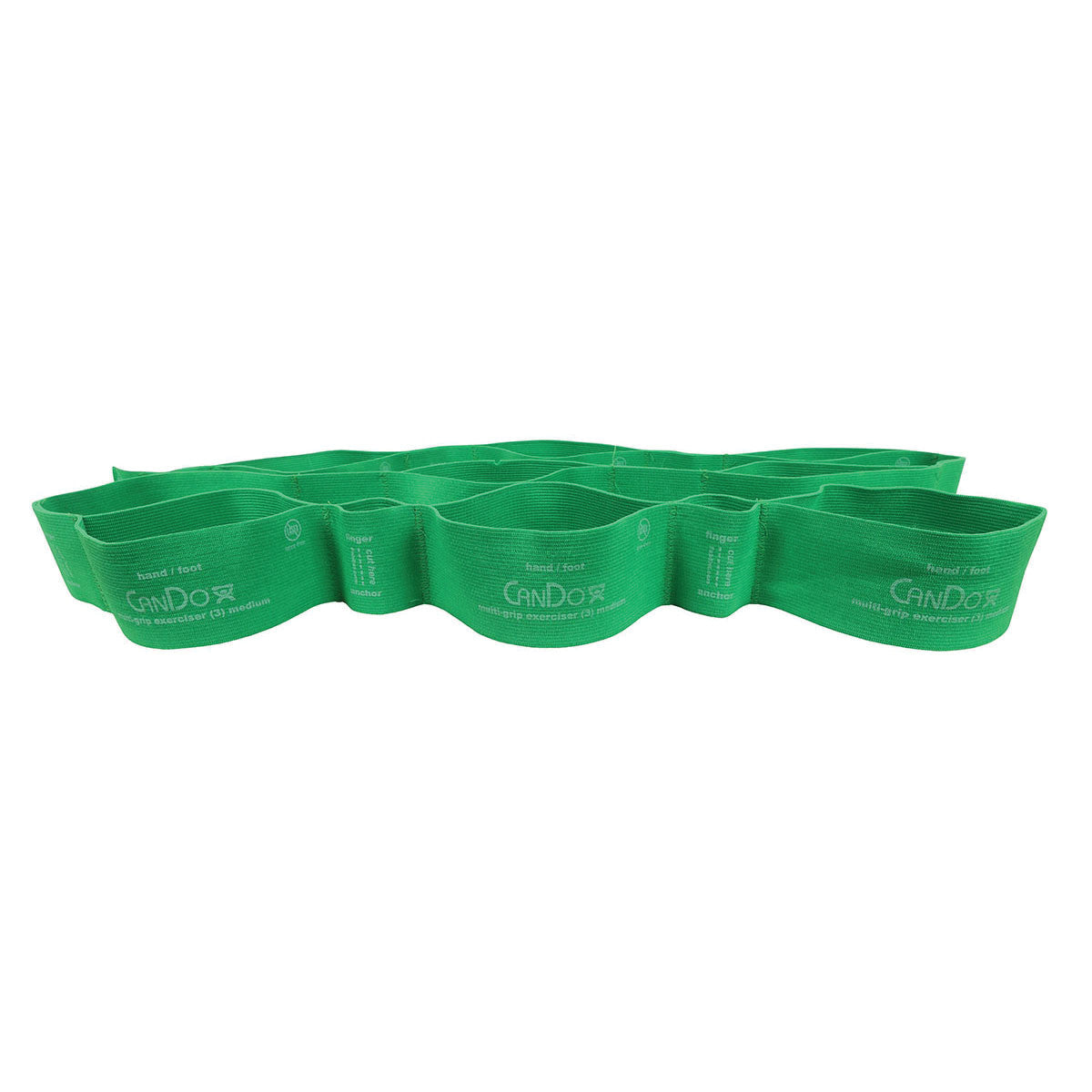 A green CanDo Multi-Grip Exerciser with multiple loops for hands and feet, designed for stretching and strength exercises.