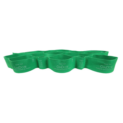 A green CanDo Multi-Grip Exerciser with multiple loops for hands and feet, designed for stretching and strength exercises.