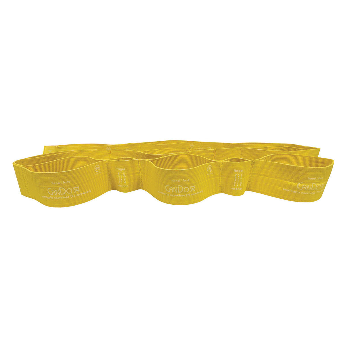 Yellow CanDo Multi-Grip Exerciser with loops and text for finger and foot placement, designed for physical therapy exercises.