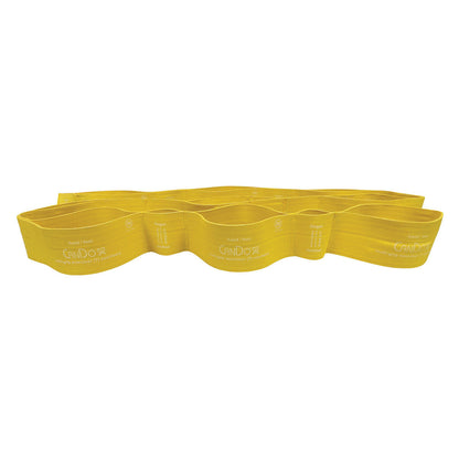 Yellow CanDo Multi-Grip Exerciser with loops and text for finger and foot placement, designed for physical therapy exercises.