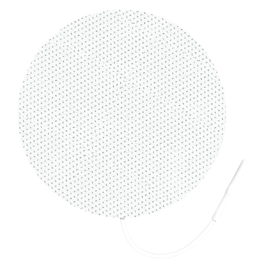 The image features a ValuTrode Cloth Electrode, a round white electrode with a connected lead wire on a plain background.