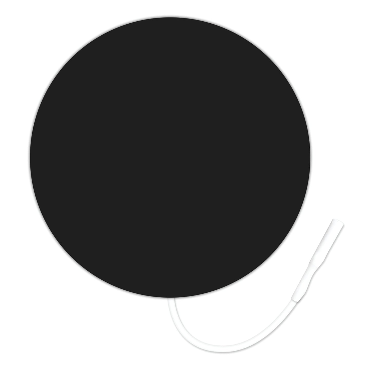A circular ValuTrode Cloth Electrode with a black surface and a white wire connector extending from its edge.