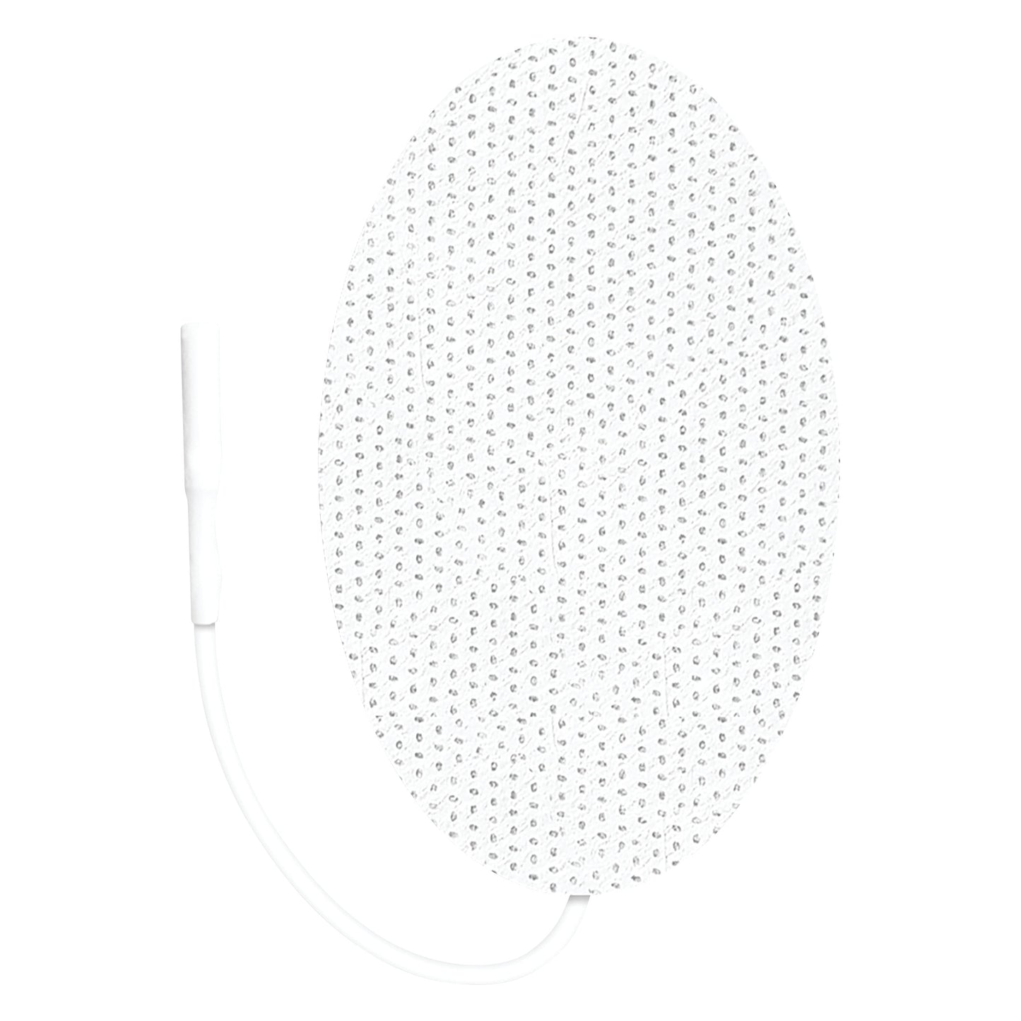 Oval-shaped ValuTrode Cloth Electrode with a dotted pattern and an attached white cable, used for electrotherapy treatments.