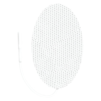 Oval-shaped ValuTrode Cloth Electrode with a dotted pattern and an attached white cable, used for electrotherapy treatments.