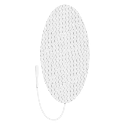 ValuTrode Cloth Electrode, an oval-shaped device with a white mesh surface and an attached cable, used for electrical stimulation.