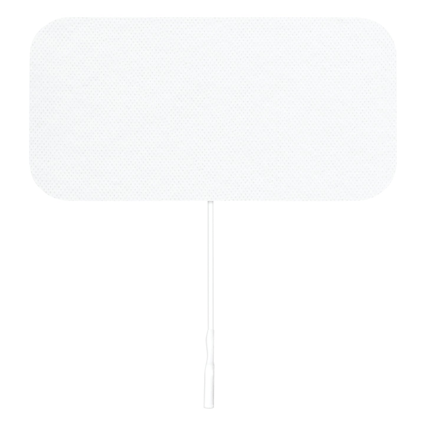 ValuTrode X Cloth Electrode with a rectangular, white, fabric top layer and an attached wire for electrical connection.