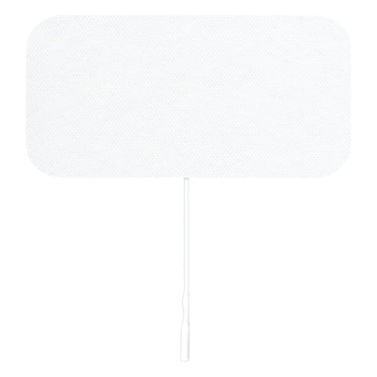 ValuTrode X Cloth Electrode with a rectangular, white, fabric top layer and an attached wire for electrical connection.