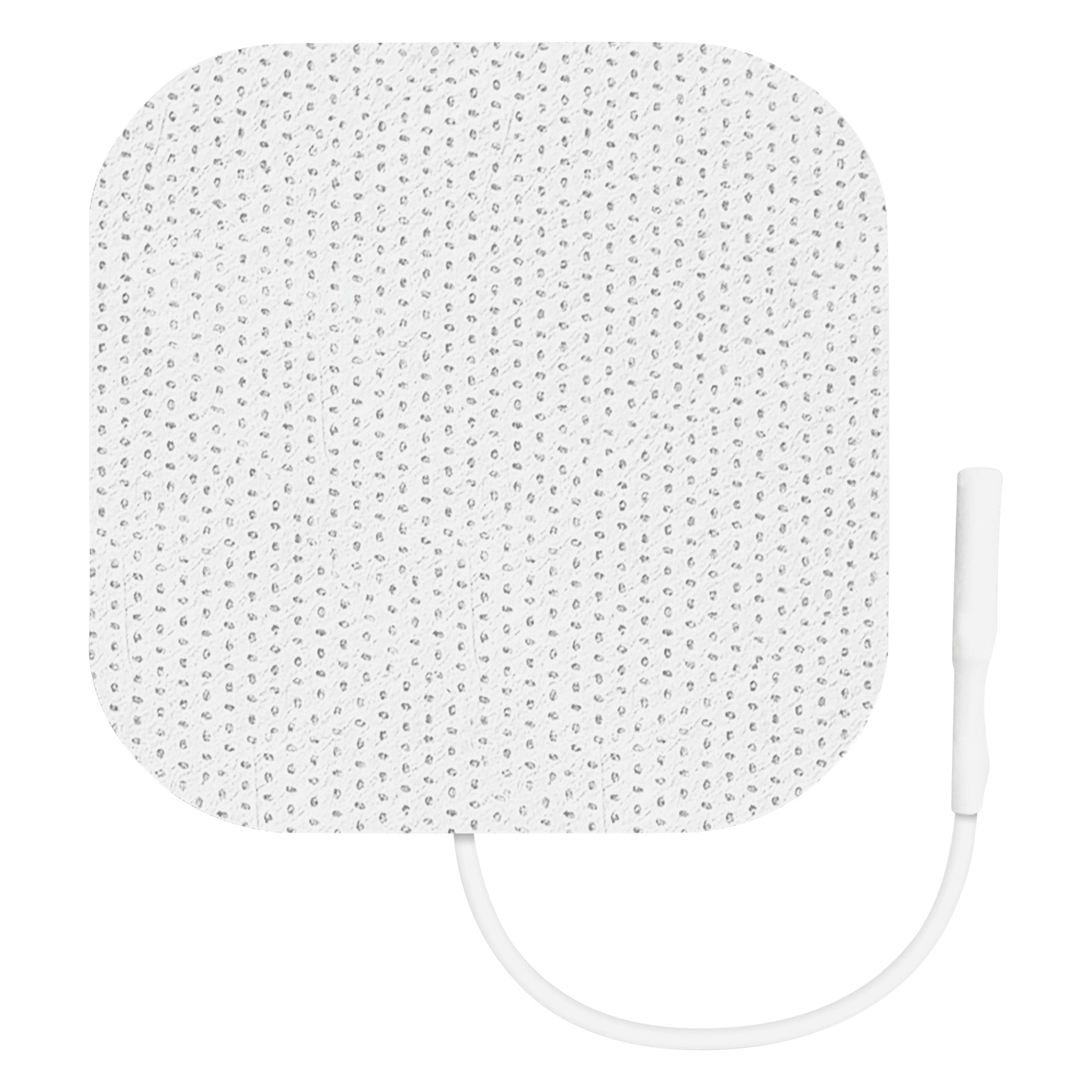 A square ValuTrode Cloth Electrode with rounded edges and a wire attached, featuring a white surface with a dotted pattern.