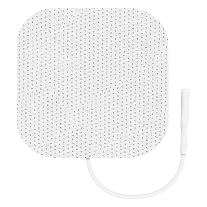 A square ValuTrode Cloth Electrode with rounded edges and a wire attached, featuring a white surface with a dotted pattern.
