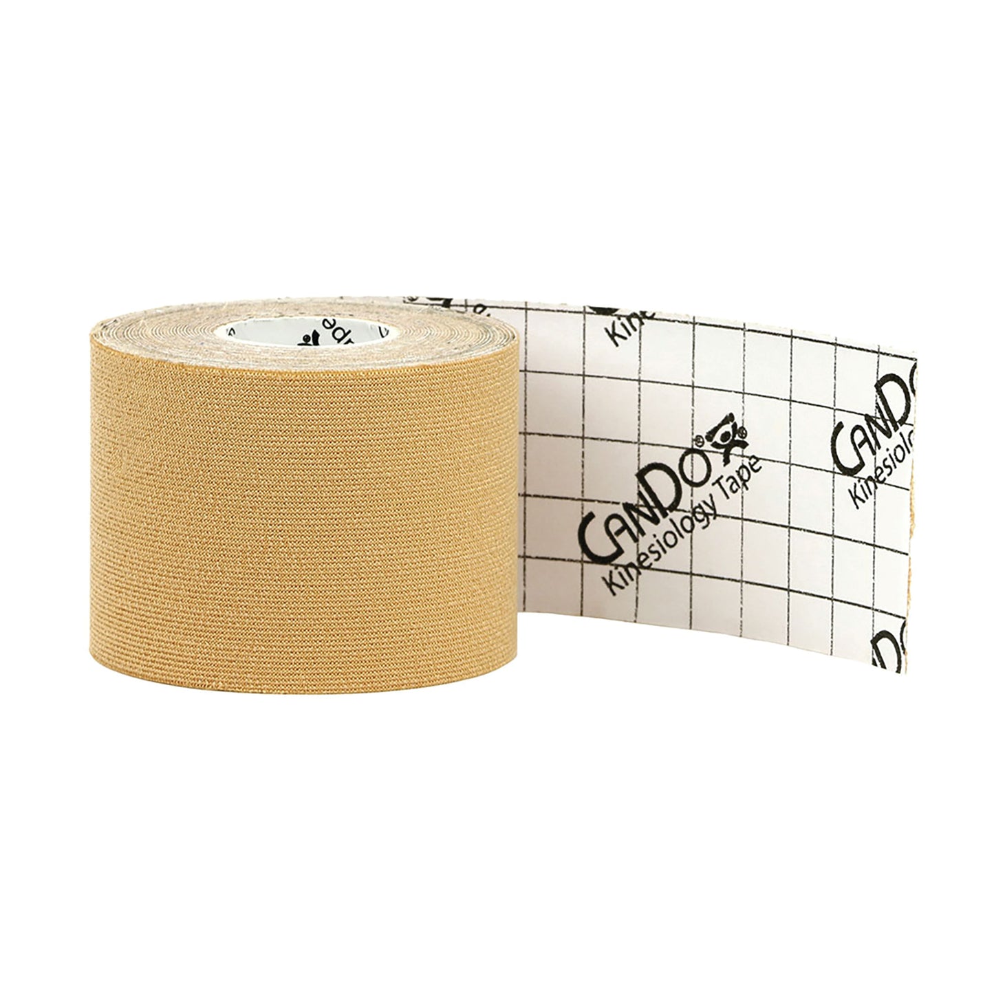 A roll of beige CanDo Kinesiology Tape with a portion of the white grid-patterned backing exposed.